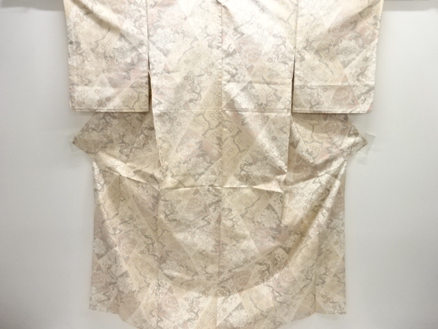 切りばめ風　枝梅に牡丹模様織り出し十日町紬単衣着物